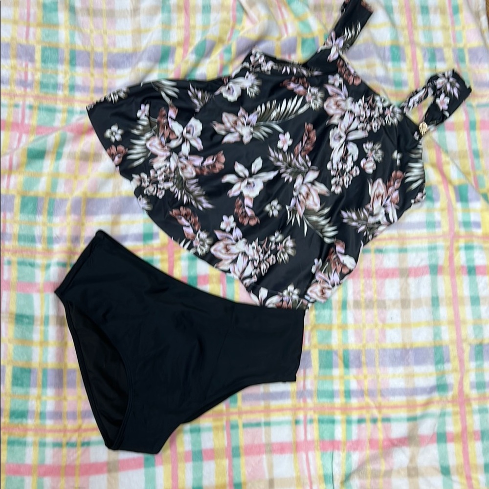 Floral Tankini Top and Black Bottoms